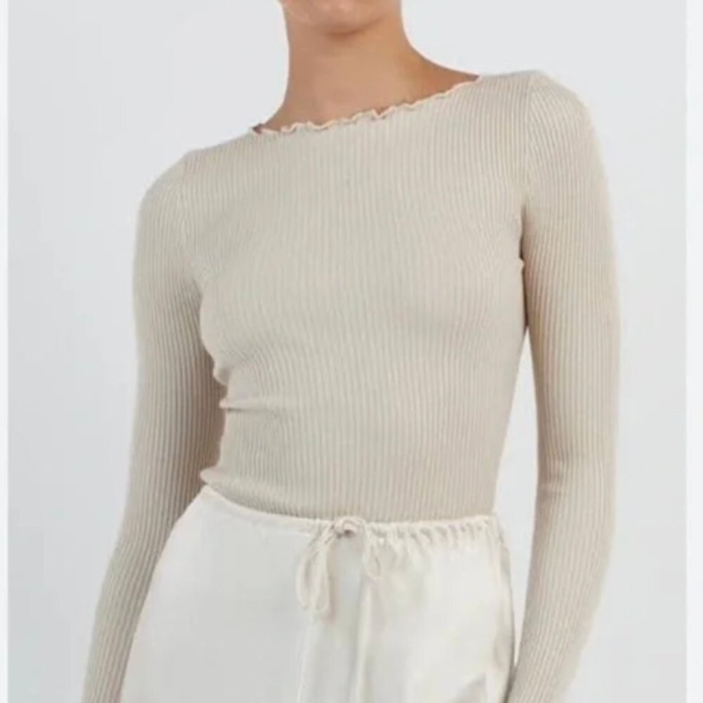 DISSH Sophia Stone Long Sleeve Lettuce Hem Top Tan Size Small